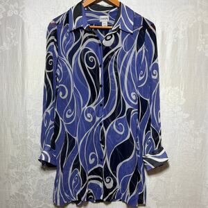 Chicos Button Up 1 Medium Blue Abstract Swirl Print 100% Silk Long